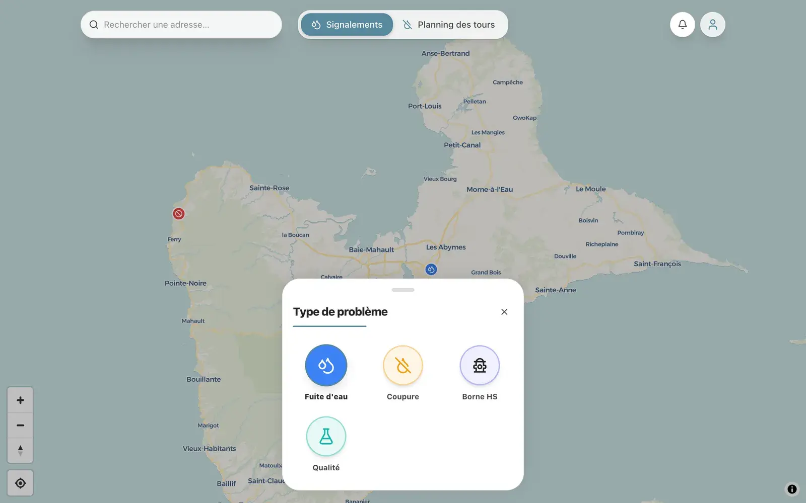 Orisk : choix du type de problème à signaler (fuite d'eau, coupure, borne HS, qualité)
