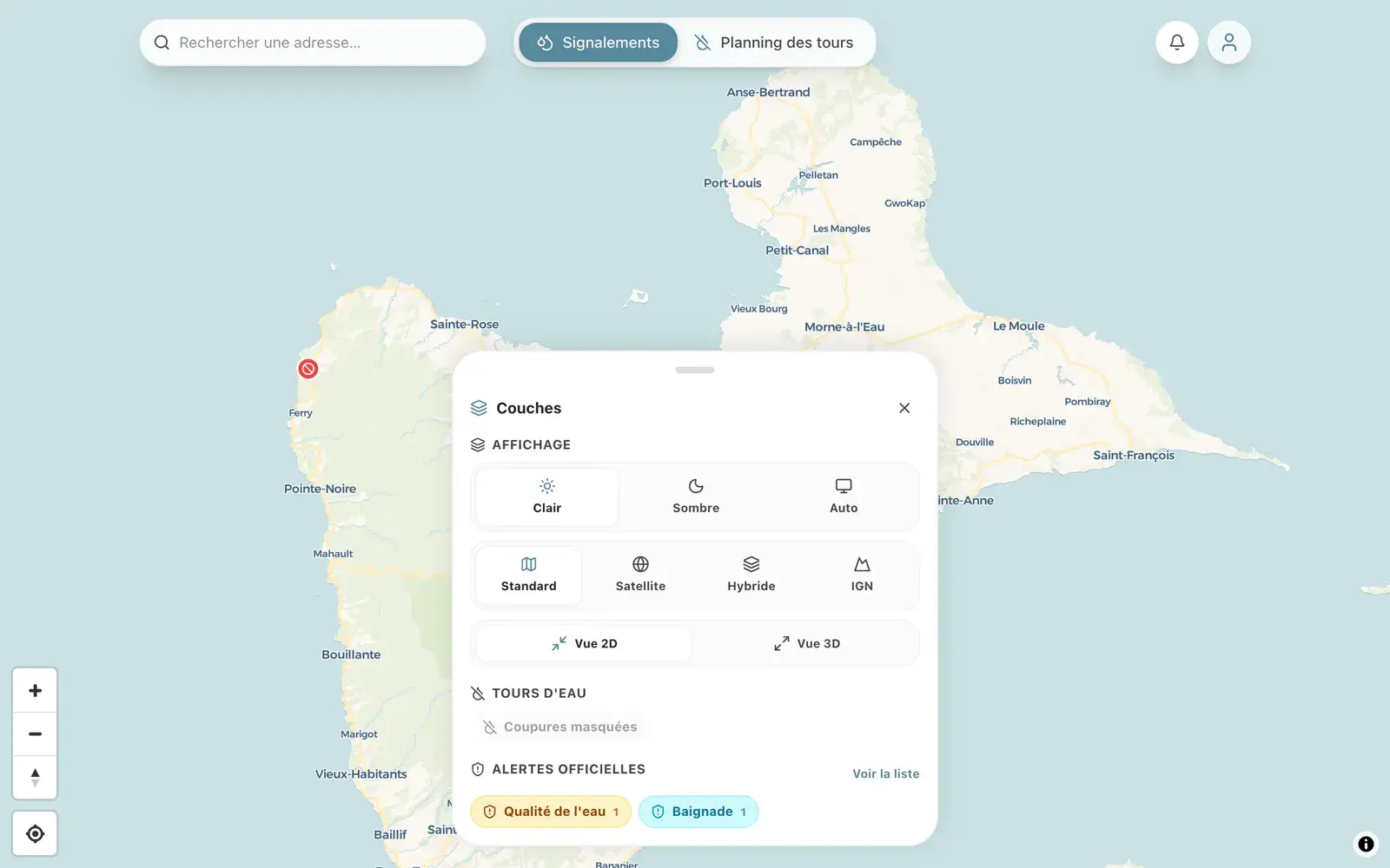 Orisk : panneau des couches avec thèmes, fonds de carte, vue 3D et alertes officielles