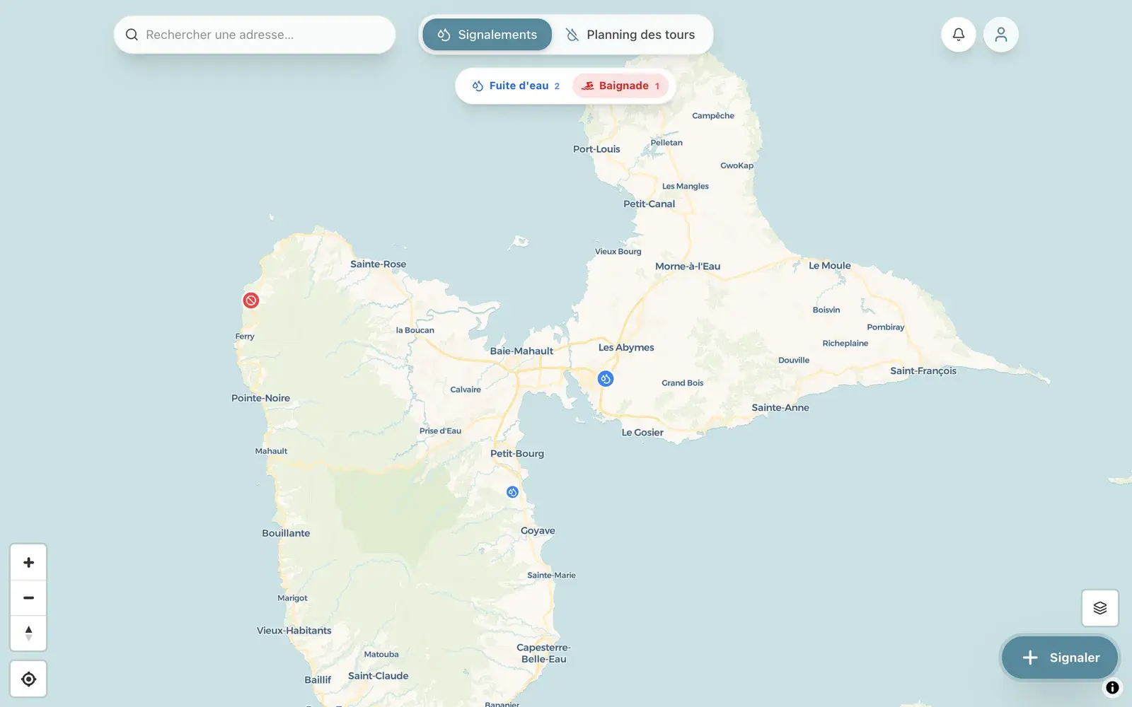 Orisk : carte des signalements de fuites d'eau en Guadeloupe avec filtres par type