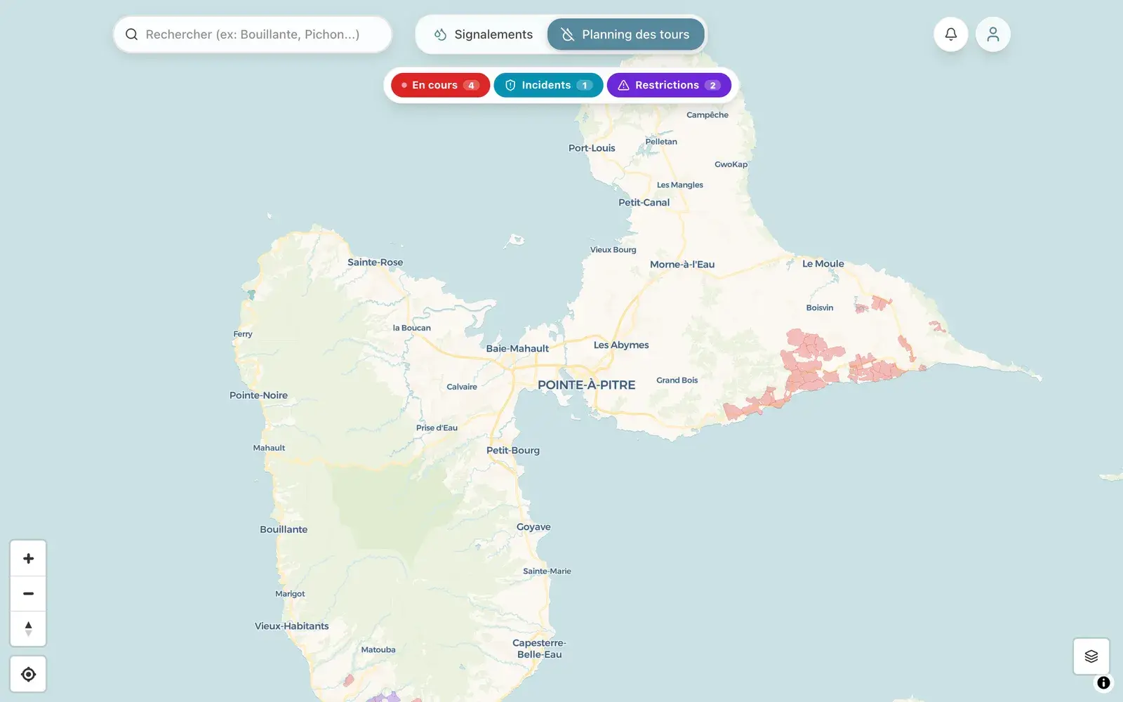Orisk : carte du planning des tours d'eau en Guadeloupe avec zones de coupure